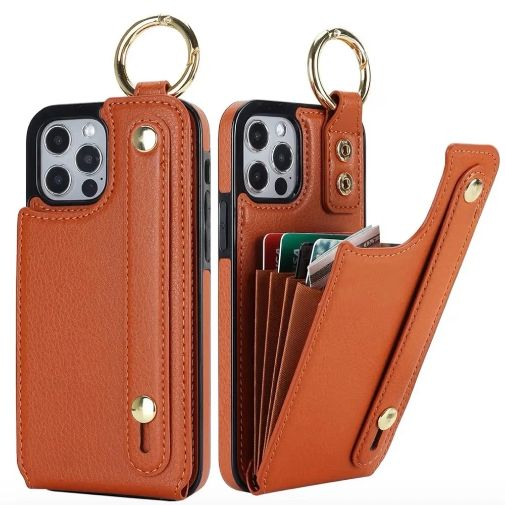 iPhone 12/12 Pro Wallet Case Brown Card Holder Wrist Strap Faux Leather